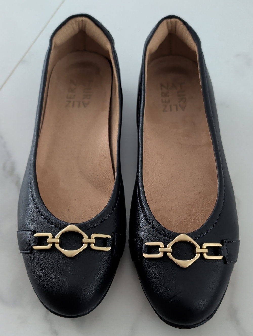 Naturalizer Black Ballet Flats with Gold Chain Accent